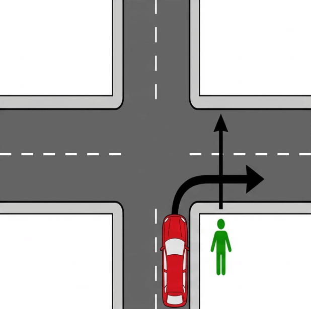 Vehículo girando con peatón cruzando